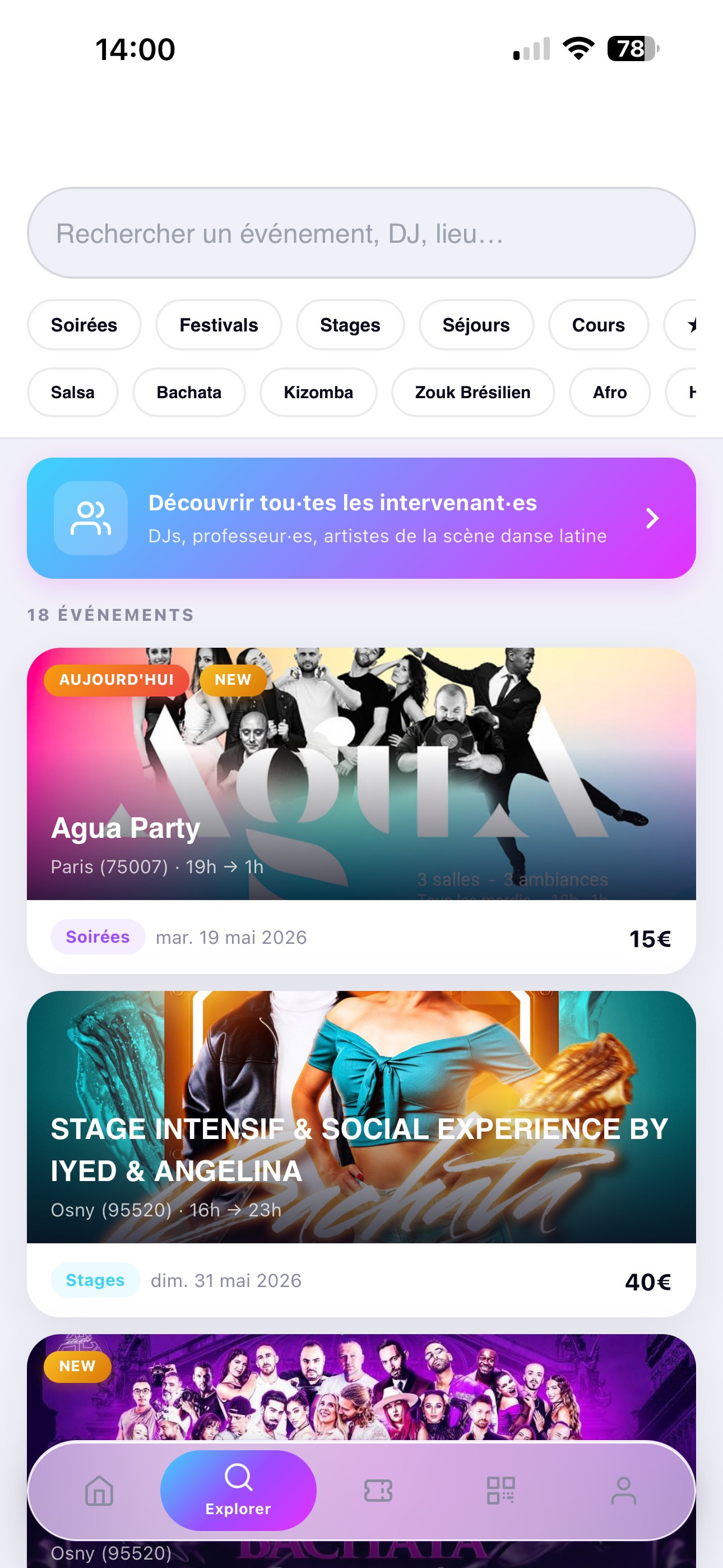 Écran de découverte d'événements TEMPO